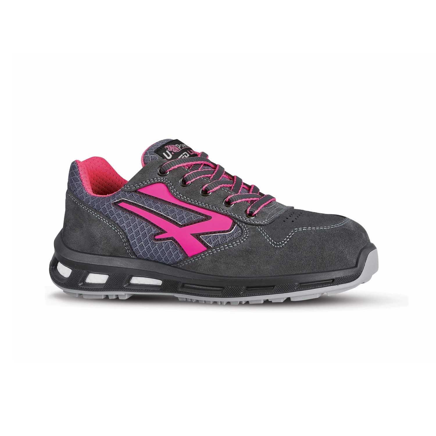 Scarpe da lavoro t.b.t. grigie con logo e lacci rosa.