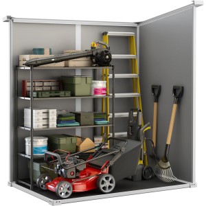 Casetta Keter antracite 1.8m² con attrezzi da giardino e scaffali. Casetta da giardino in plastica per rimessaggio.