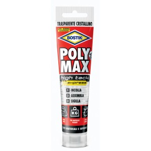 Tubo di adesivo Bostik Poly Max Express, trasparente, per vari materiali.