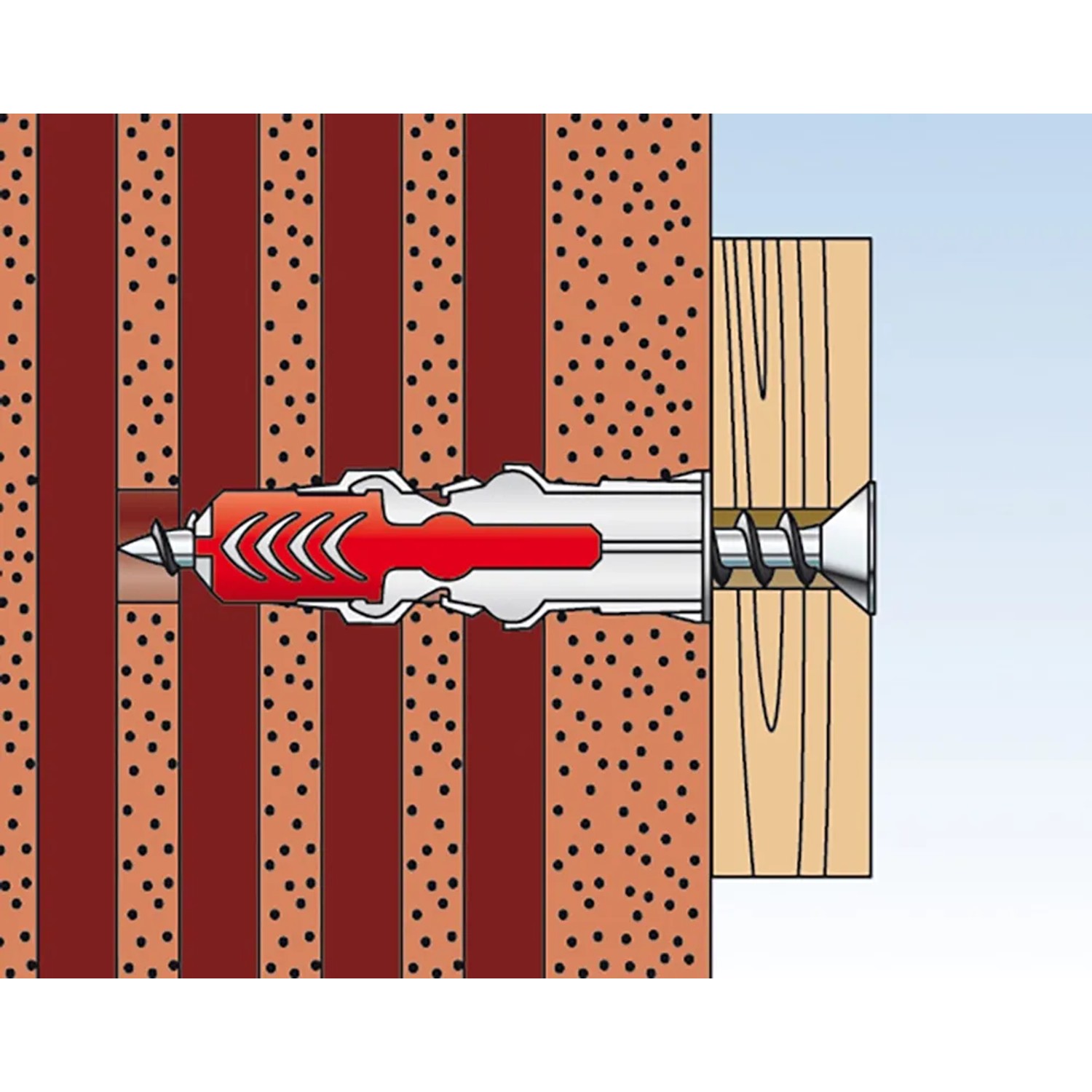 Illustrazione: Tassello Fischer Duopower 6x50 con vite in muro e legno, funzionalità.
