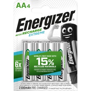 Confezione da 4 batterie ricaricabili Energizer Extreme AA, 2300mAh. Alte prestazioni.