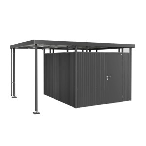 Tettoia laterale Biohort per casetta da giardino HighLine 5, grigio scuro metallizzato, con supporti e pluviale.