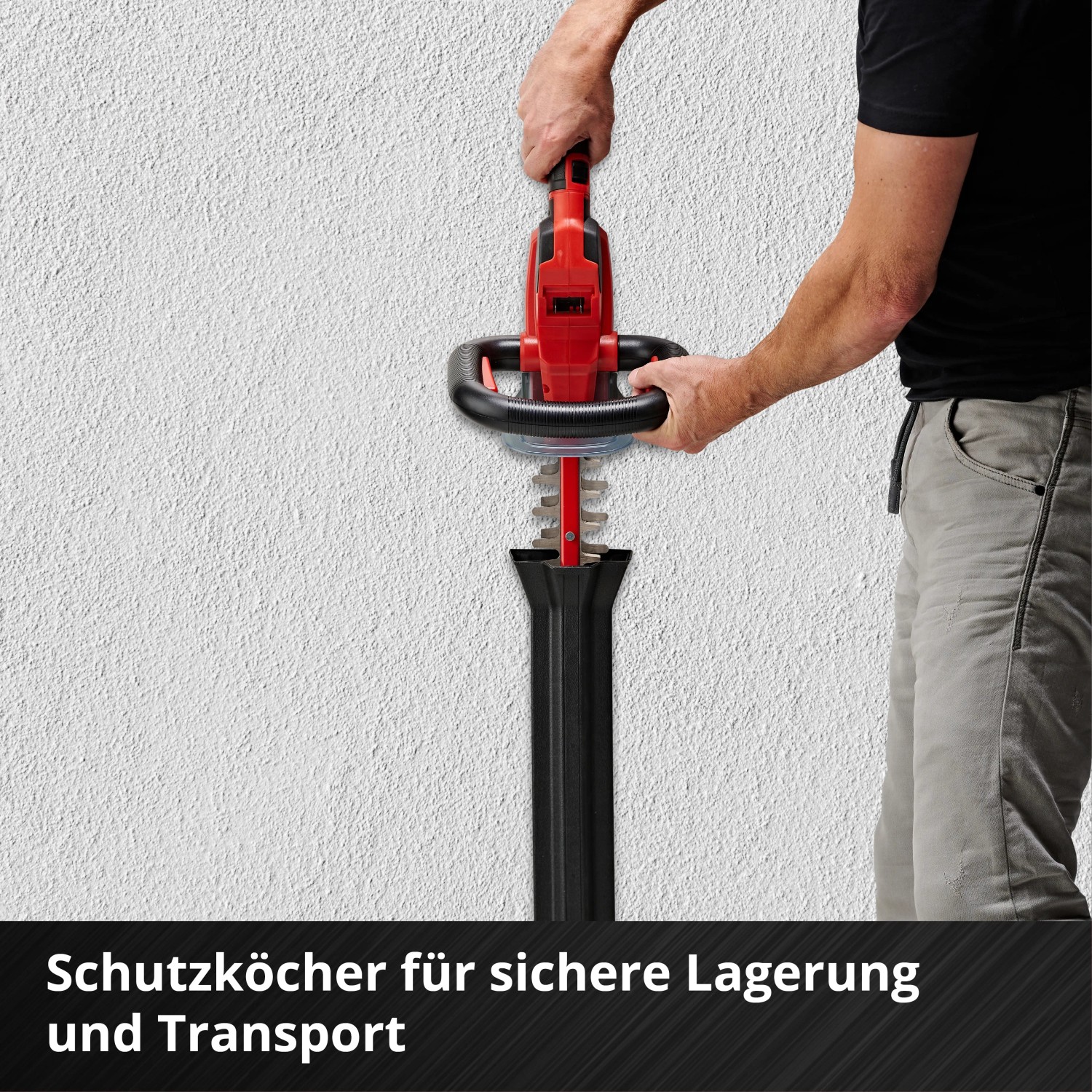Tagliasiepi a batteria Einhell Power-X Change GE-CH 18/60 Li-Solo con protezione lama per stoccaggio e trasporto.