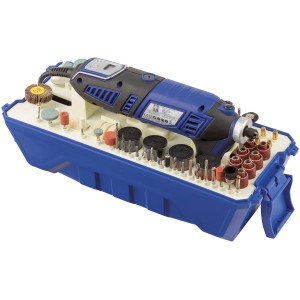 Set modellismo e incisione LUX MBS-160 in valigetta blu con accessori per lavori di miniatura.