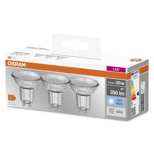 Lampadina LED GU10 Osram, confezione da 3, Cool White, 350 Lumen, 4.3W. Classe di efficienza energetica F.