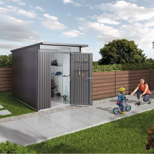 Casetta da giardino in metallo Biohort AvantGarde A3, grigio scuro metallizzato, con porta aperta e bambino in bicicletta.
