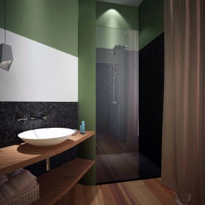 Bagno con piastrelle a mosaico, mobile lavabo e doccia. Design elegante con elementi in legno.