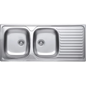 Lavello in acciaio inox con due vasche e scolapiatti.