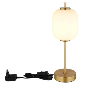 Elegante lampada da tavolo a LED con paralume in vetro bianco opale e base color oro.
