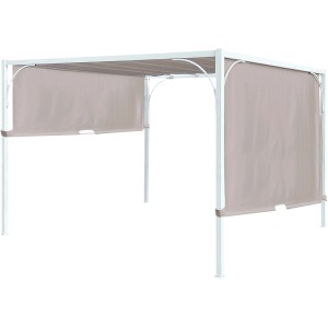 Gazebo t.b.t. con pannelli laterali beige e struttura bianca.