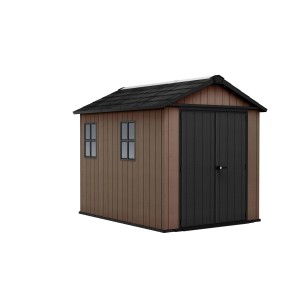 Casetta da giardino in plastica con doppia porta e due finestre.