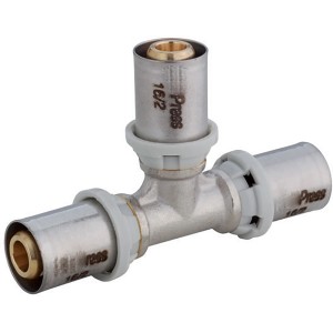 Raccordo a T in acciaio per tubi, raccordo a pressare per riscaldamento e idraulica.