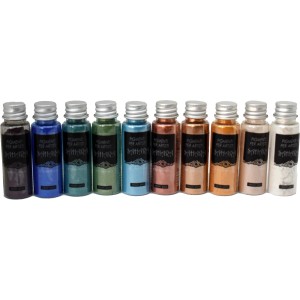 Pigmenti colorati t.b.t. Smalti trasparenti in piccole bottiglie di vetro con coperchi argentati.