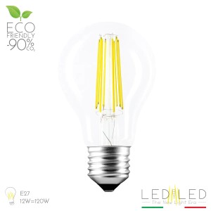 Lampadina LED E27 con vetro trasparente e look a filamento.