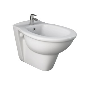 Bidet bianco sospeso con rubinetto. Design moderno per il bagno.