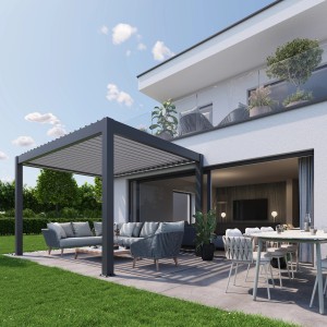 Pergola Biohort moderna in grigio scuro metallizzato su patio con mobili da giardino.