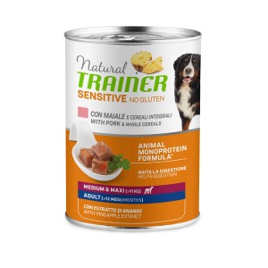 Natural Trainer Sensitive cibo umido per cani con maiale e cereali integrali, senza glutine.