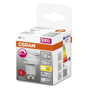 Lampadina LED GU10 Osram, dimmerabile, bianco caldo, 3.4W, nella confezione.