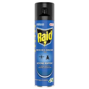 Spray insetticida Raid contro zanzare e mosche, bomboletta blu.