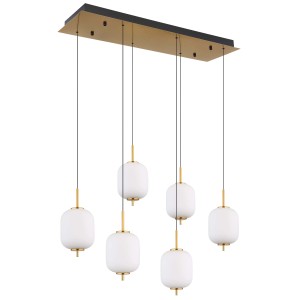 Lampada a sospensione moderna con sei paralumi bianchi e dettagli dorati.