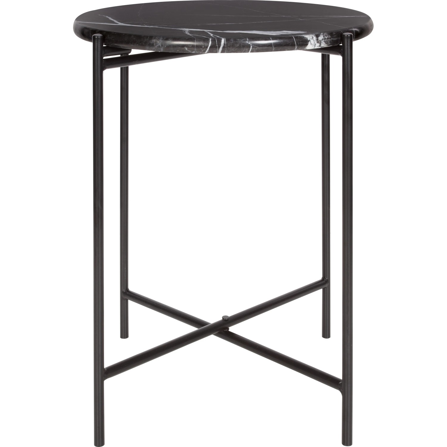Tavolino nero con piano rotondo in marmo (Ø 43cm), design Midnight Mystery.