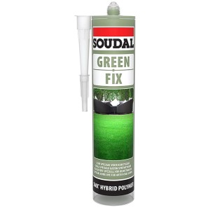 Adesivo polimerico ibrido Soudal Green Fix per erba sintetica, cartuccia con ugello.
