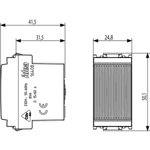 Disegno tecnico di un interruttore t.b.t. con dimensioni.