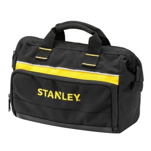 Borsa porta attrezzi Stanley nera da 12 pollici con striscia gialla e maniglie.