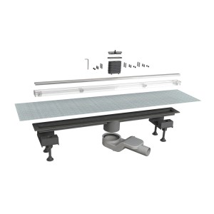 Panoramica del canale doccia t.b.t. con sifone e accessori.