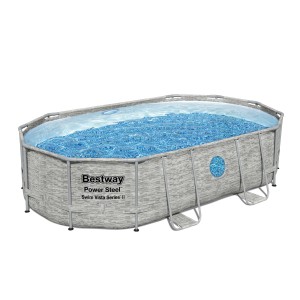 Piscina ovale Bestway Power Steel con effetto pietra grigia e scaletta.