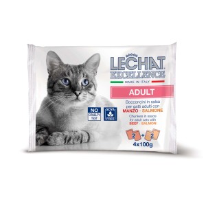 LeChat Excellence Adult cibo umido per gatti con manzo e salmone, 4x100g