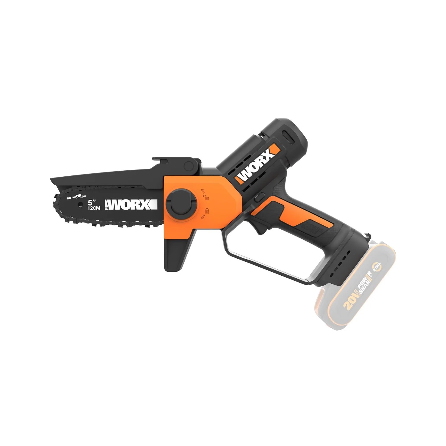 Potatore a una mano Worx WG326E.9 (senza batteria/caricabatterie) nero/arancio. Sega a batteria compatta per potatura.
