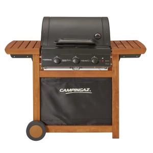 Barbecue a gas Campingaz con struttura in legno e ripiani. Ideale per barbecue in giardino.