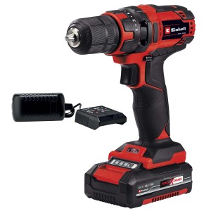 Avvitatore a batteria rosso con caricabatterie. Ideale per il fai da te.