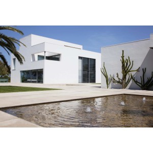 Casa bianca moderna con piscina e cactus. Pittura per esterni per facciate eleganti.