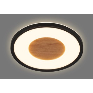 Plafoniera LED moderna t.b.t. con decoro in legno e cornice nera.