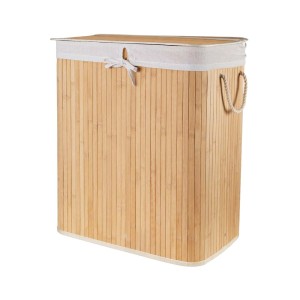 Cesto portabiancheria in bambù naturale con coperchio e fodera in tessuto.
