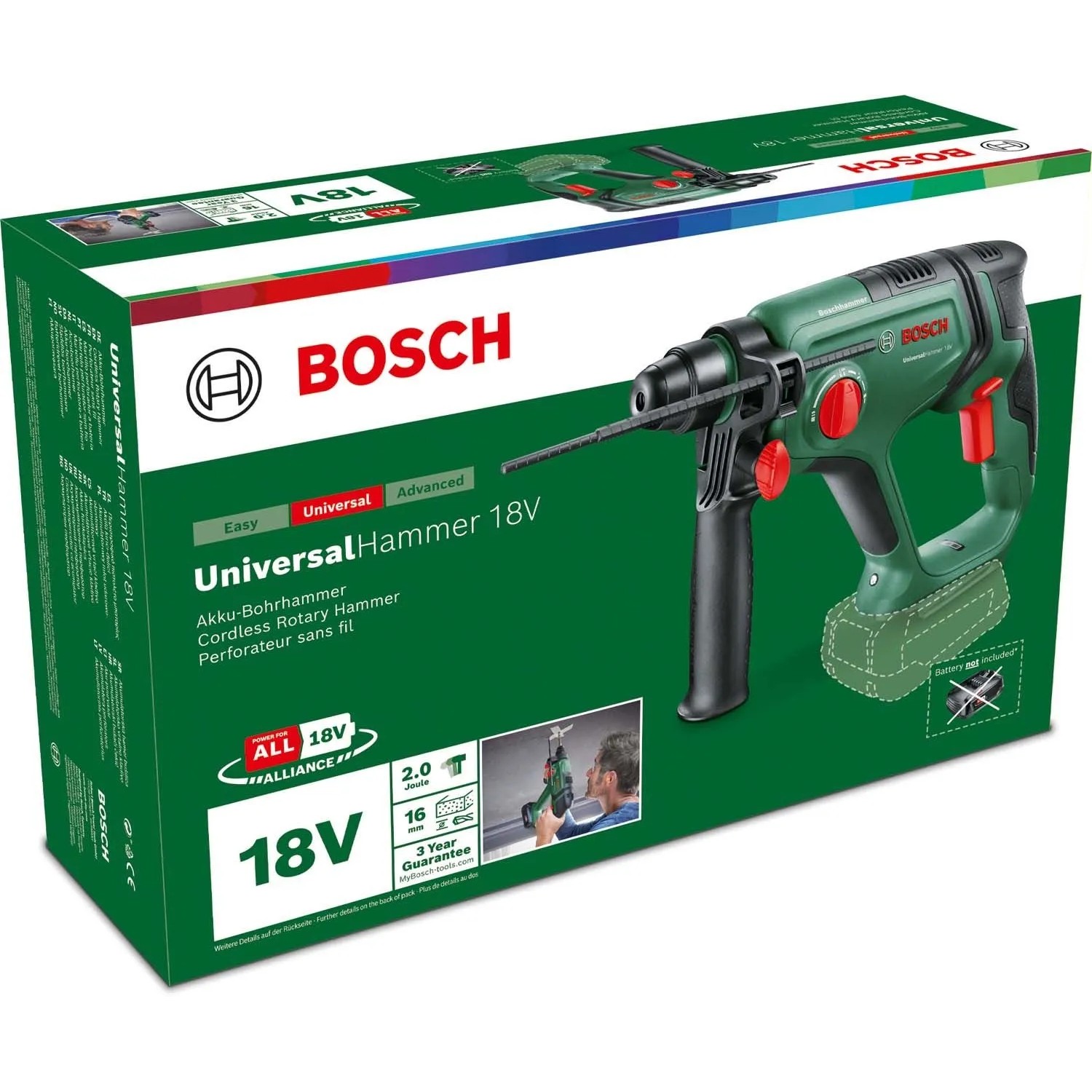 Martello demolitore a batteria Bosch UniversalHammer 18V in confezione verde. Per forare, martellare, scalpellare.
