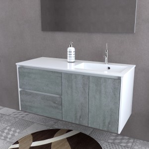 Set di mobili bagno moderni con lavabo, mobile sottolavabo effetto cemento e specchio.