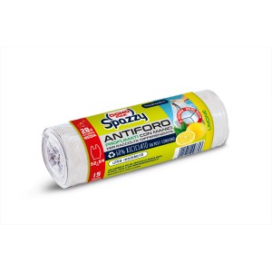 Rotolo di sacchi per pattumiera profumati al limone Spazzy Antiforo, 15 pezzi, 28 litri, 60% riciclati.