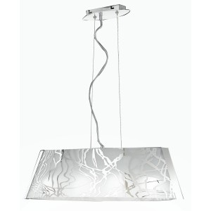 Moderna lampada a sospensione t.b.t. con paralume argentato e motivo delicato.