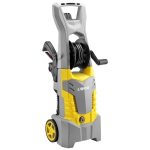 Idropulitrice grigia e gialla con avvolgitubo e ruote.