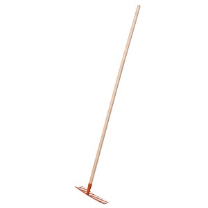 Rastrello da giardino con 14 denti e manico in legno per la lavorazione del terreno.