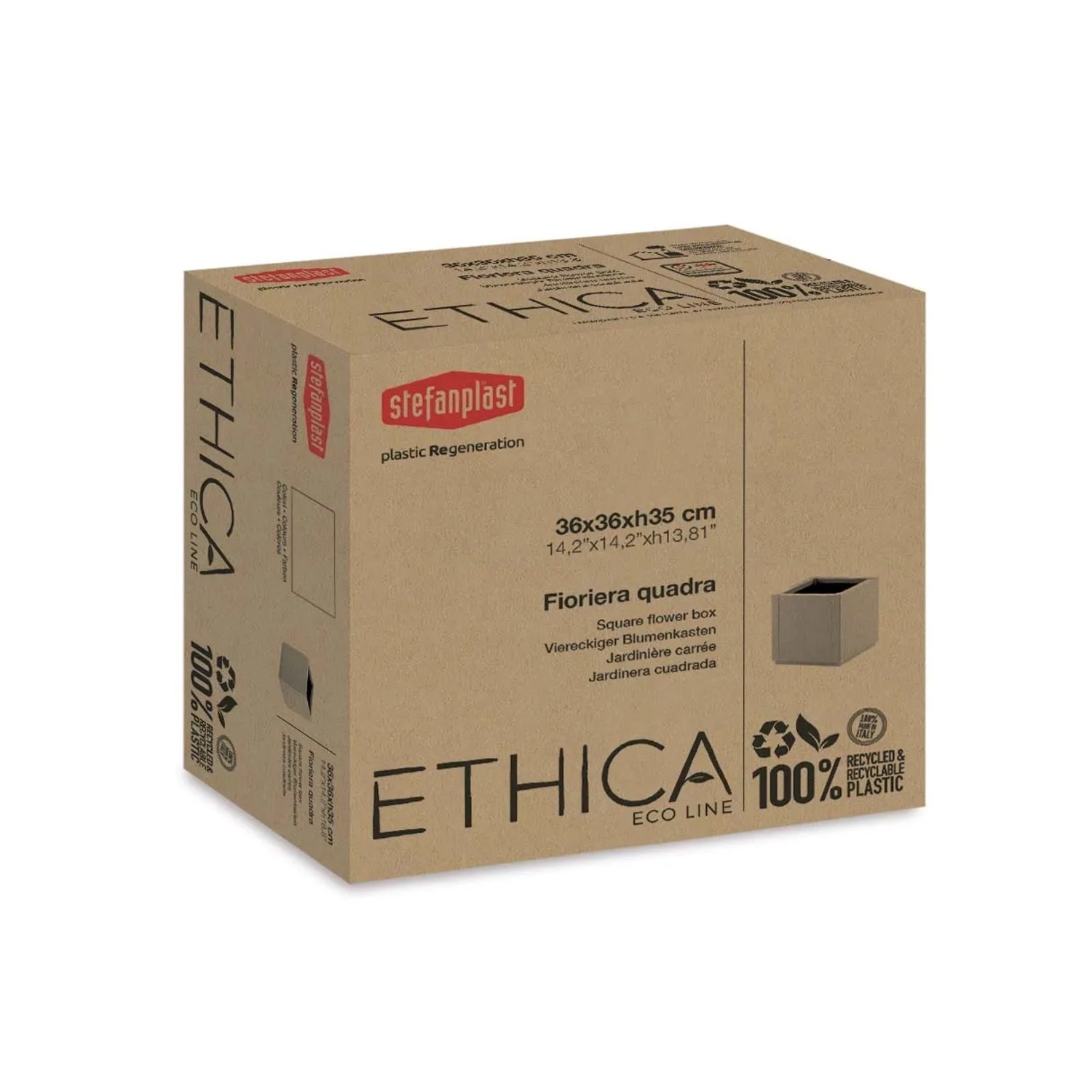 Scatola di cartone con informazioni sul vaso da fiori quadrato Ethica. Fioriere sostenibili.