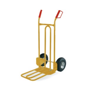 Carrello saliscale giallo per officina con manici rossi e due ruote.