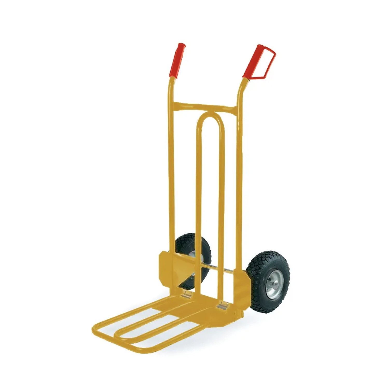 Carrello saliscale giallo per officina con manici rossi e due ruote.