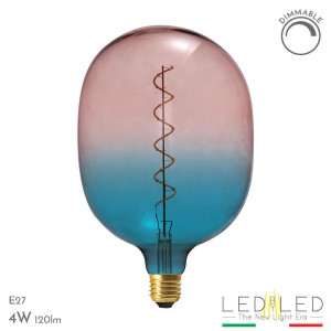 Lampadina LED E27 decorativa con sfumatura (rosa/blu) e filamento a vista.