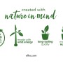 Grafica con testo "created with nature in mind", turbina eolica, pianta in vaso e testo "100% recycled & recyclable".