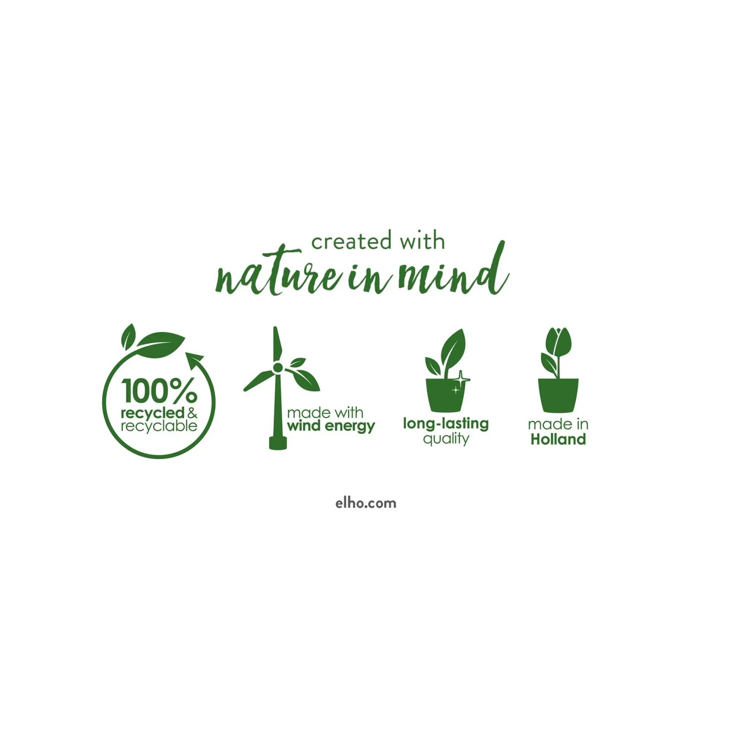 Grafica con testo "created with nature in mind", turbina eolica, pianta in vaso e testo "100% recycled & recyclable".