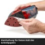 Levigatrice multifunzione a batteria Einhell TE-OS 18/150 Solo con carta vetrata applicata a mano.